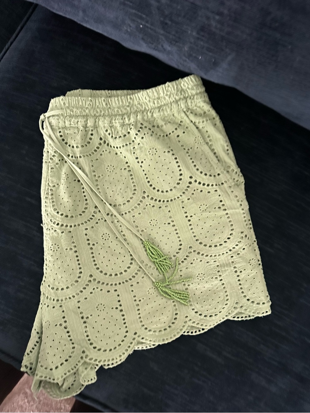FARM Rio Olive Eyelet High-Waist Scallop Hem Shorts